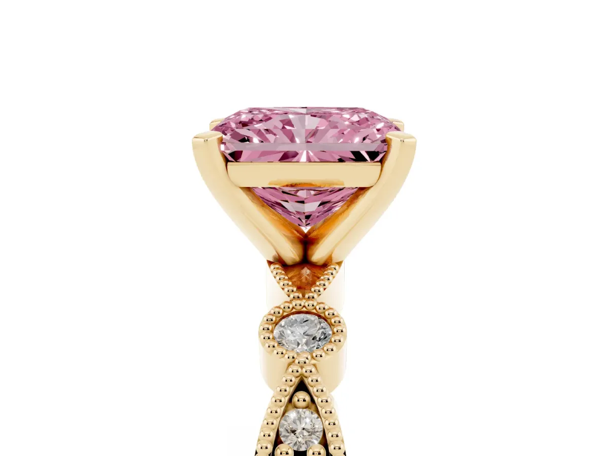 Fancy Pink Radiant Cut Milgrain Bezel Diamond Engagement Ring with Solitaire Prong Setting Yellow gold
