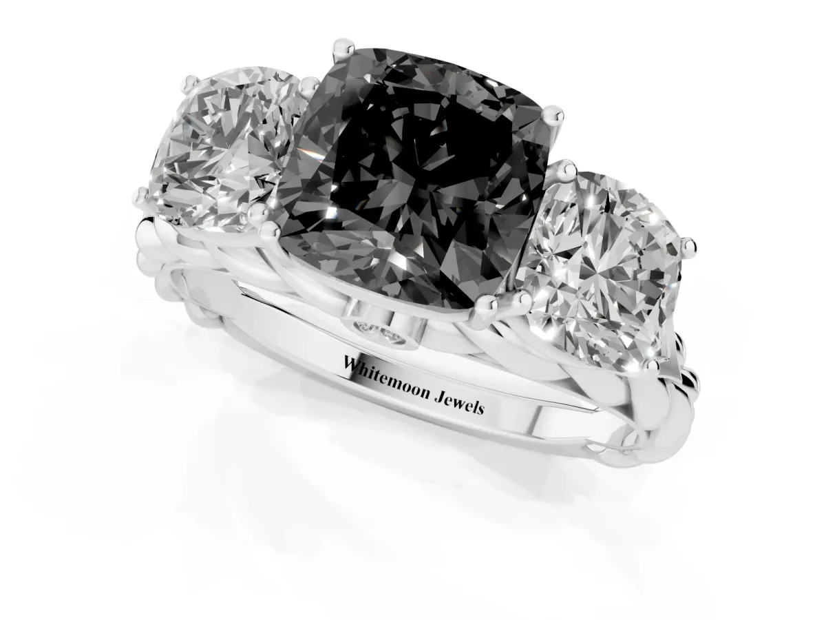 Fancy Black Three-Stone Cushion Cut Diamond Braided Band Ring with Four-Prong Setting Platinum
