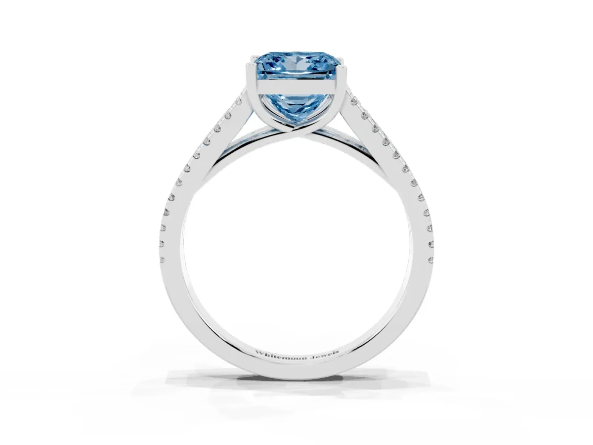Fancy Blue Princess Cut Diamond Solitaire Engagement Ring with Split Shank Pavé Band Platinum