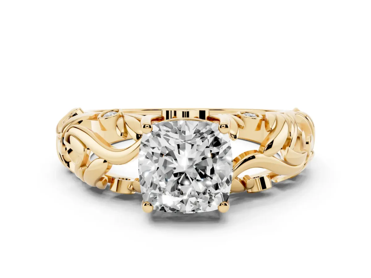 Cushion Cut Solitaire Diamond Leaf-Inspired Vine Band Ring with Prong Setting Yellow gold