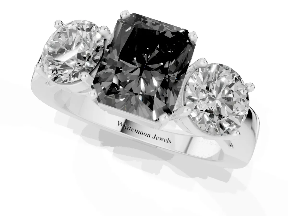 Fancy Black Three-Stone Radiant Cut Diamond Ring with Round Side Stones, Classic Band, and Four-Prong Setting Platinum