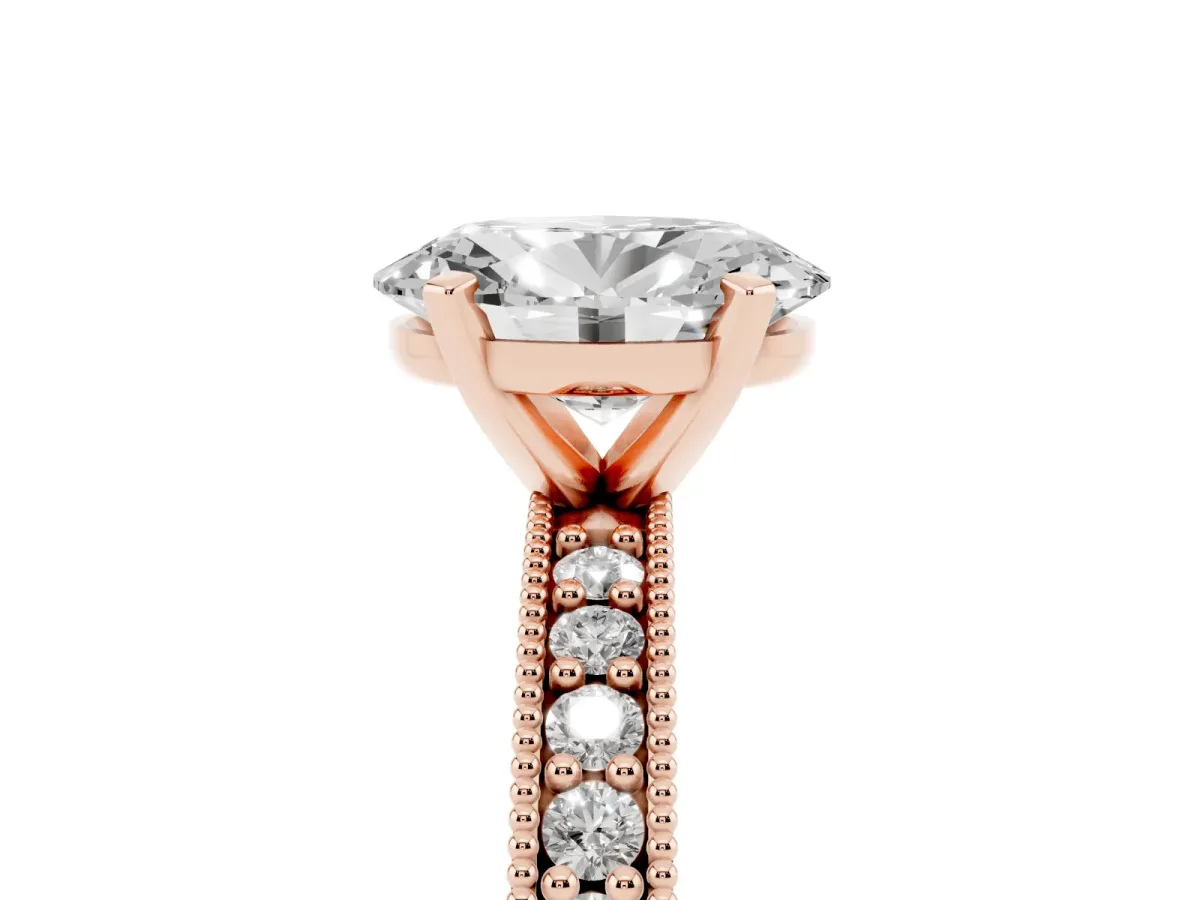 Oval Cut Diamond Milgrain Pavé Engagement Ring with Four-Prong Setting Rose gold