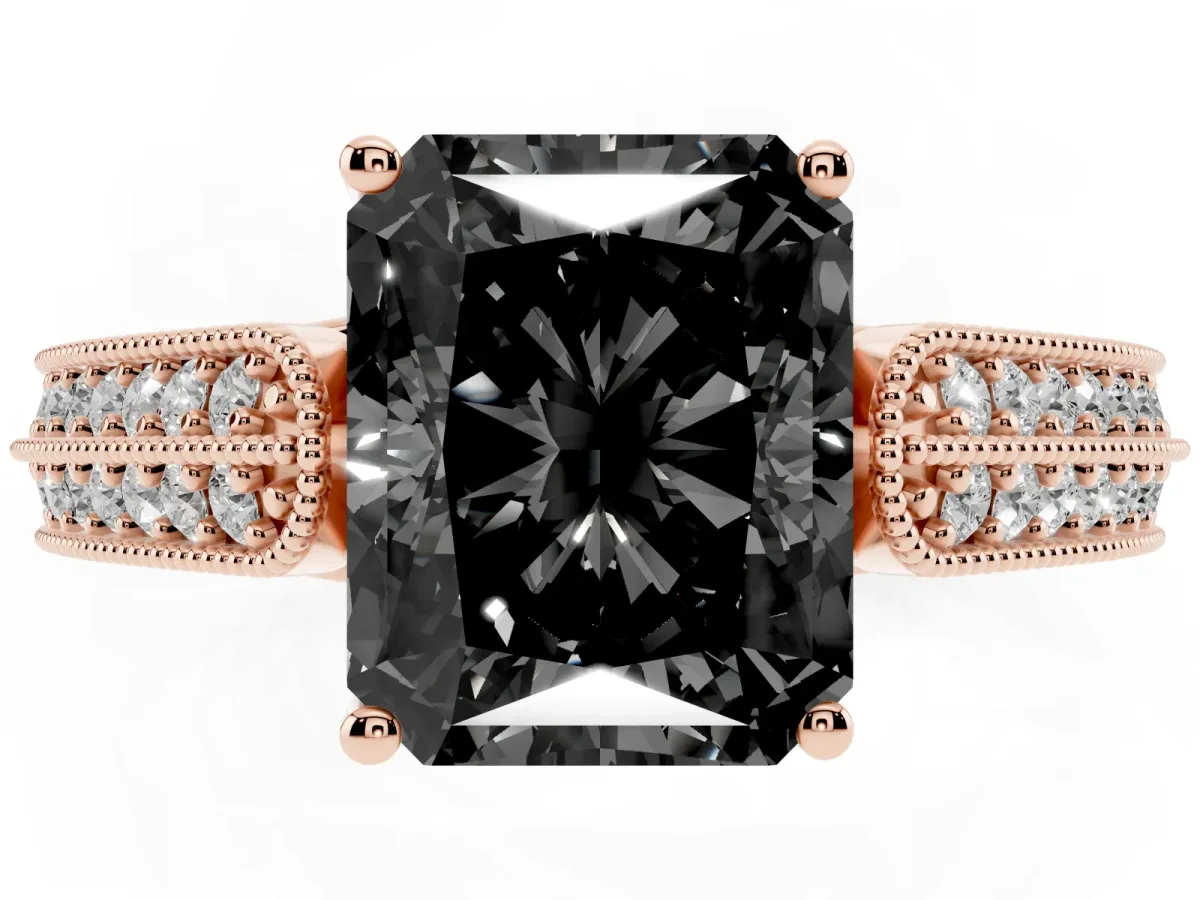 Fancy Black Radiant Cut Cut Pave Split Shank Engagement Ring with Four-Prong Setting Rose gold