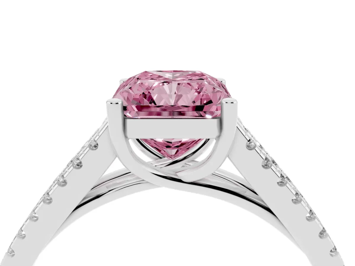 Fancy Pink Radiant Cut Diamond Solitaire Engagement Ring with Split Shank Pavé Band Silver