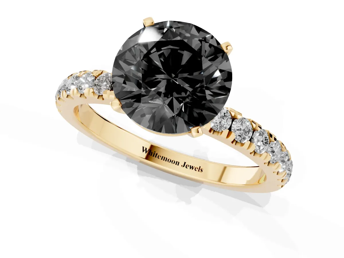 Fancy Black Round Cut Diamond Solitaire Ring with Pavé Accents and Four-Prong Setting Yellow gold