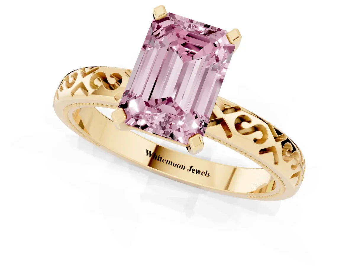 Fancy Pink Emerald Cut Solitaire Engagement Ring with Scrollwork Band and Four-Prong Setting Yellow gold