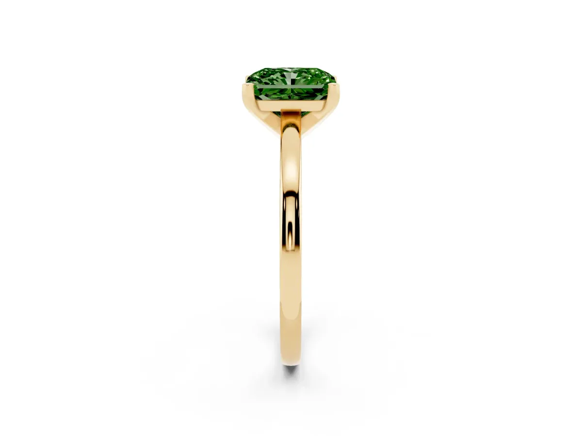 Fancy Green Radiant Cut Solitaire Diamond Engagement Ring with Four-Prong Setting on a Classic Band Yellow gold