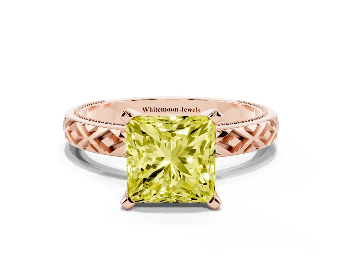 Fancy Yellow Princess Cut Solitaire Diamond Ring with Milgrain and Black Enamel X Pattern Band Rose gold