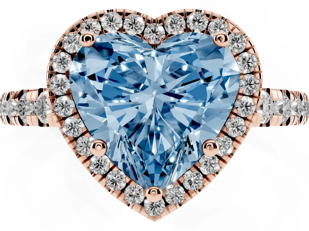 Fancy Blue Heart Cut Diamond Halo Ring with Pavé Band and Four-Prong Setting Rose gold