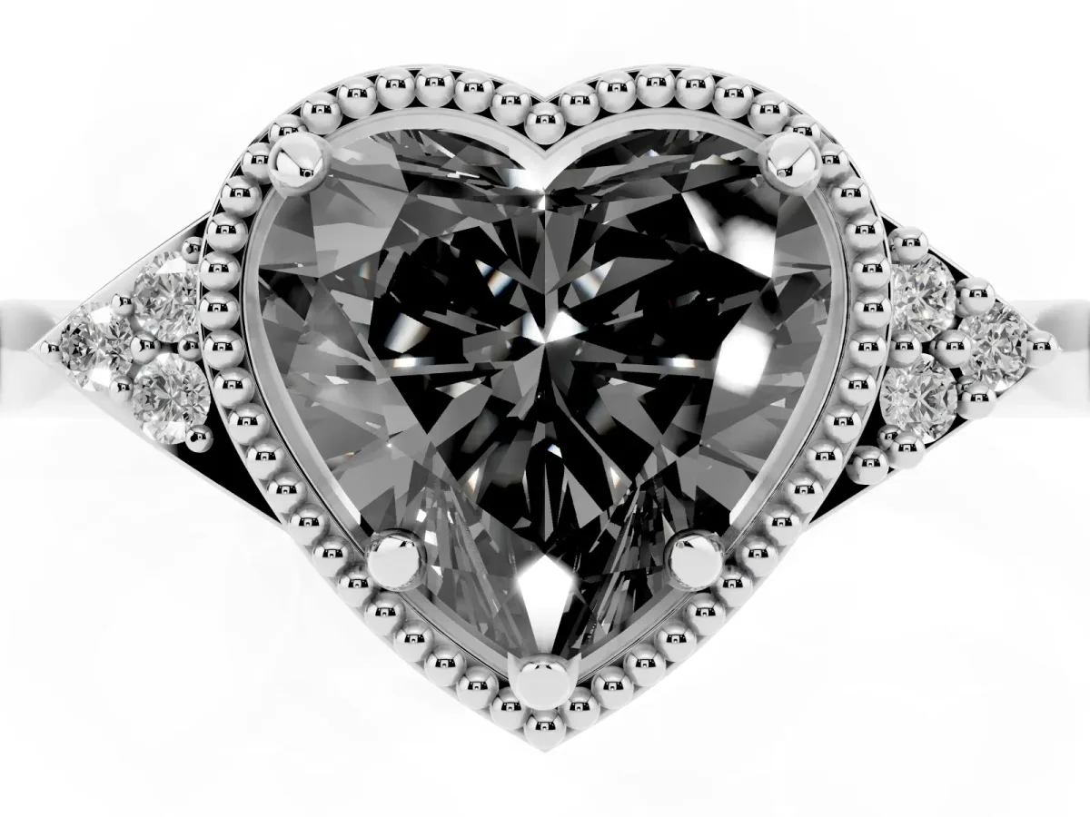 Fancy Black Hexagonal Halo Heart Cut Diamond Solitaire with Pavé Band and Four-Prong Setting Silver