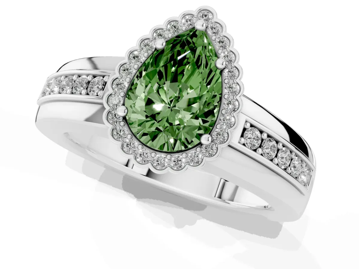Fancy Green Pear Cut Cut Halo Pave Band Four-Prong Ring Platinum