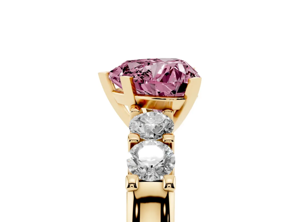 Fancy Pink Heart Cut Brilliant Cut Diamond Five-Stone Prong Set Engagement Ring with Channel Band Yellow gold