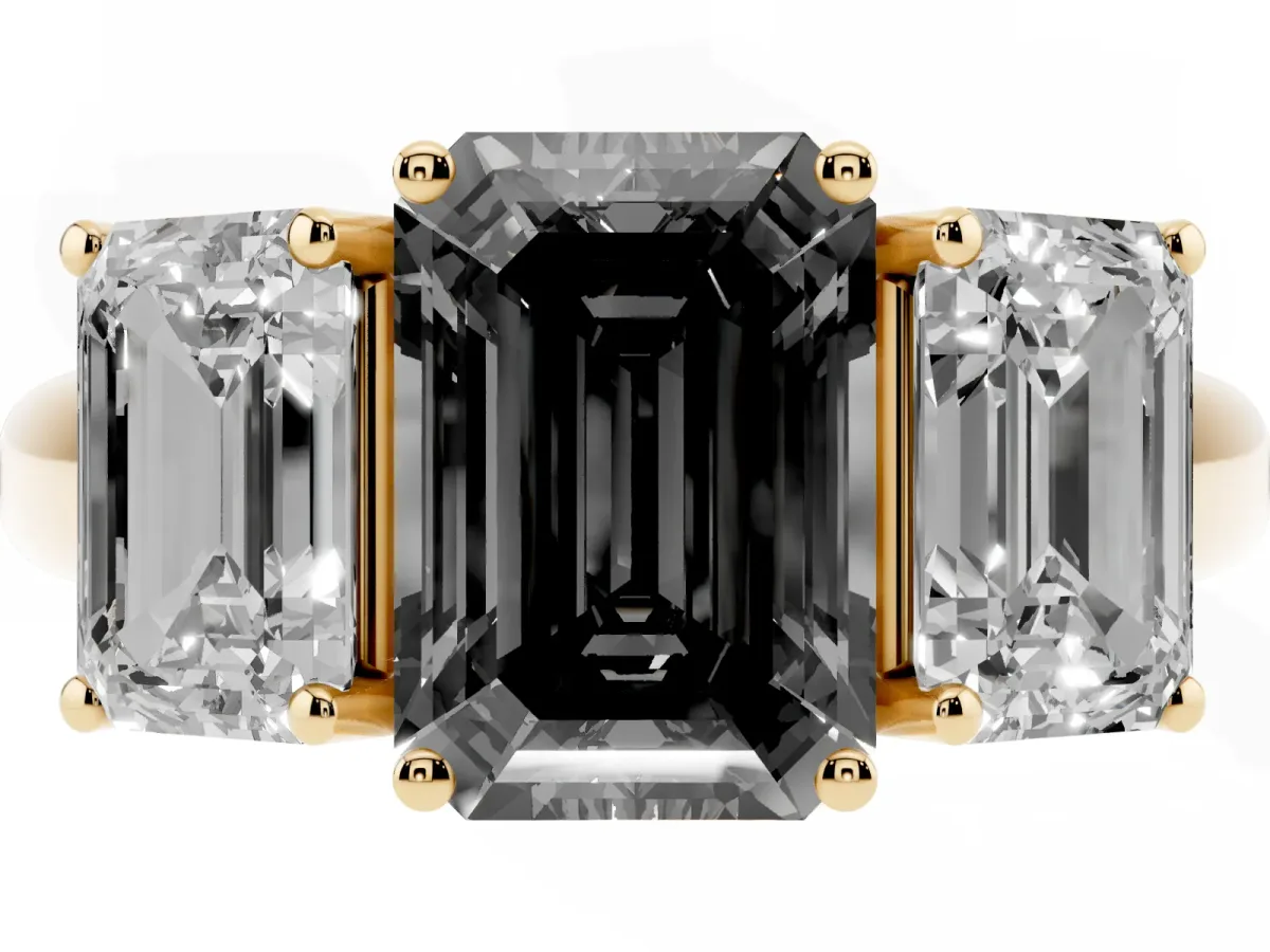 Fancy Black Three-Stone Emerald Cut Diamond Engagement Ring with Prong Setting Yellow gold