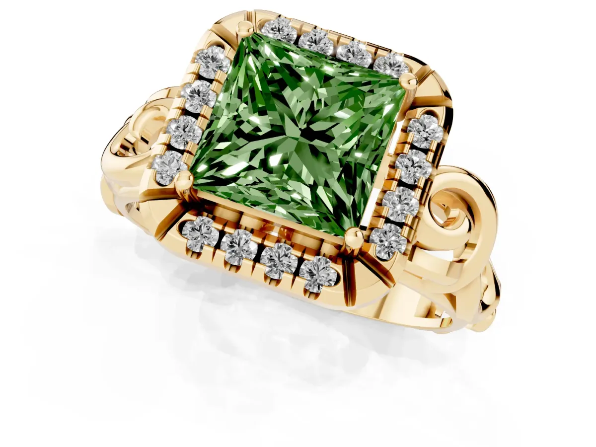 Fancy Green Princess Cut Cut Halo Diamond Ring with Scrollwork Band and Four-Prong Setting Yellow gold