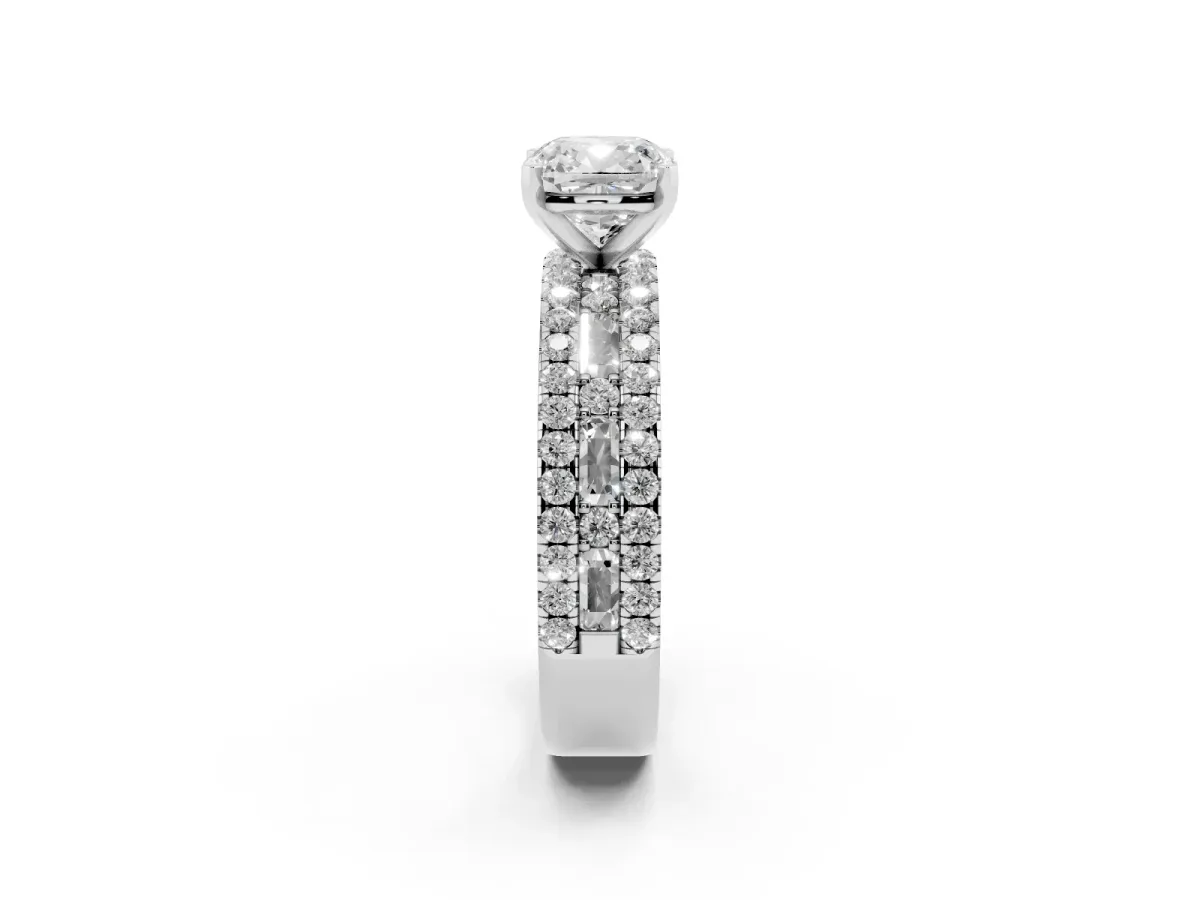 Cushion Cut Diamond Solitaire Ring with Pavé and Channel Set Band Silver