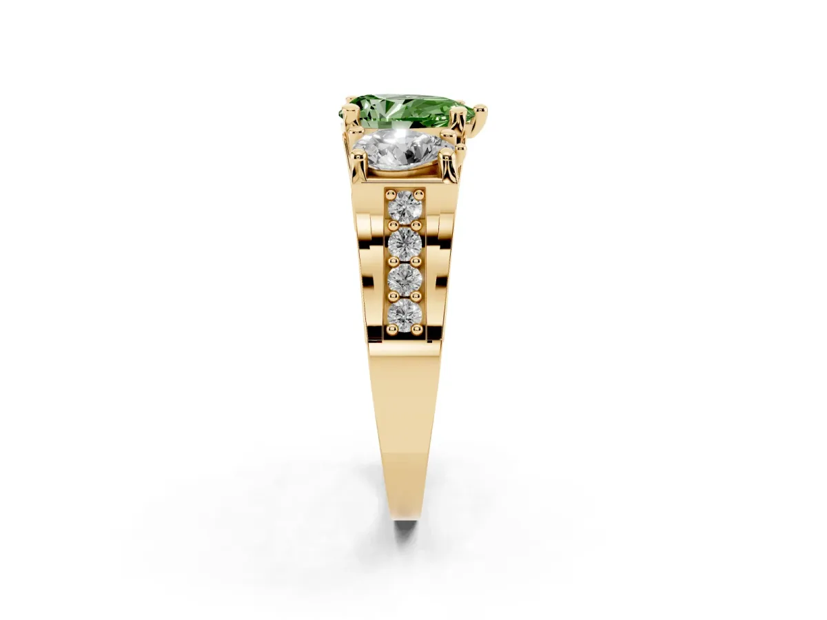 Fancy Green Pear Cut Diamond Three-Stone Ring with Channel Set Band and Four-Prong Setting Yellow gold