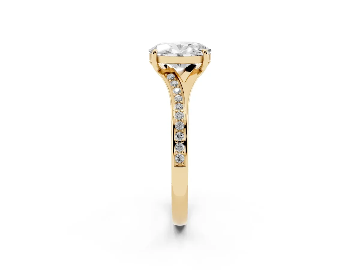 Oval Cut Diamond Solitaire Ring with Pavé Band and Prong Setting Yellow gold