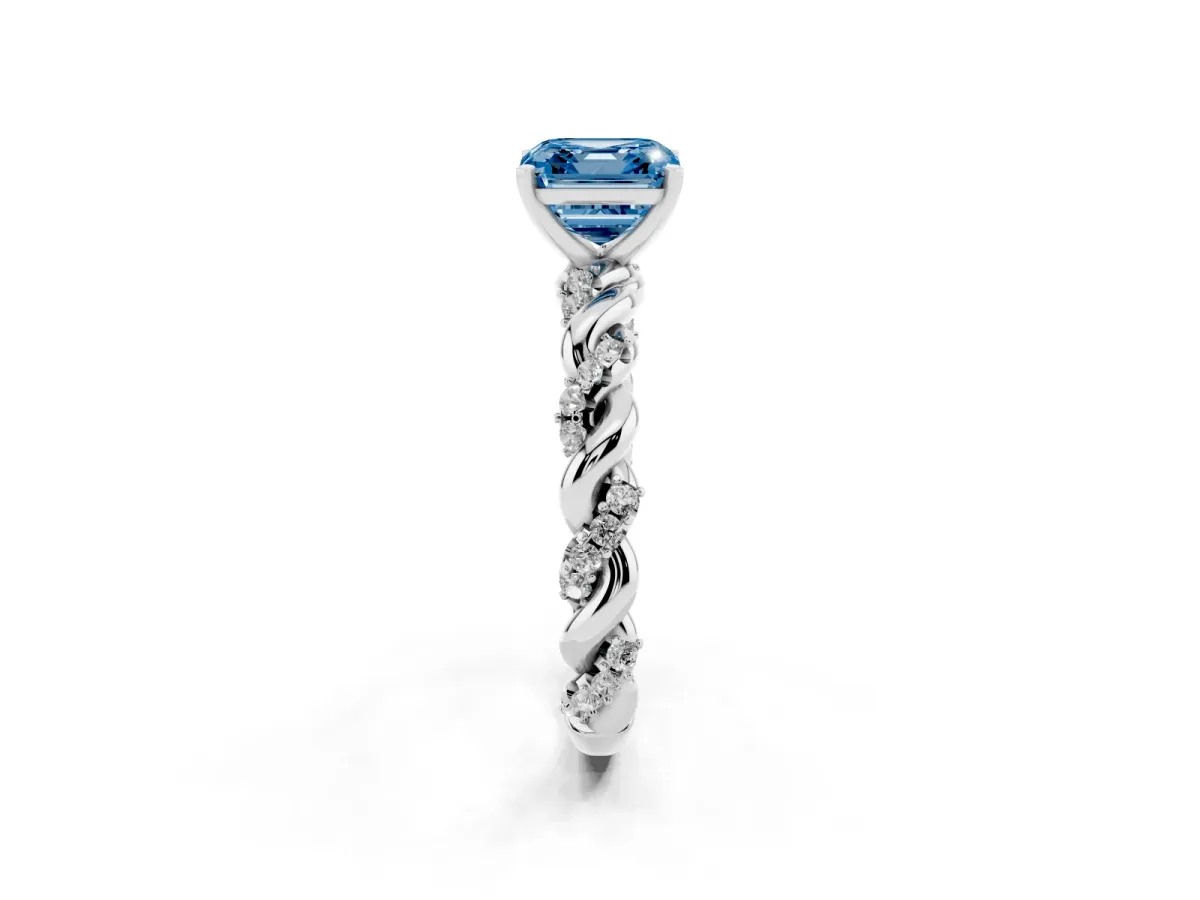 Fancy Blue Asscher Cut Diamond Solitaire Ring with Twisted Band and Pavé Accents White gold