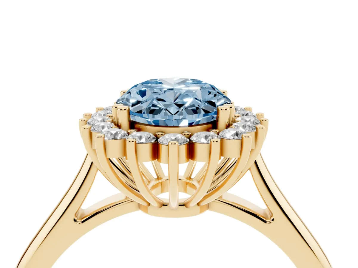 Fancy Blue Oval Cut Cut Diamond Halo Ring with Solitaire Band and Prong Setting Yellow gold