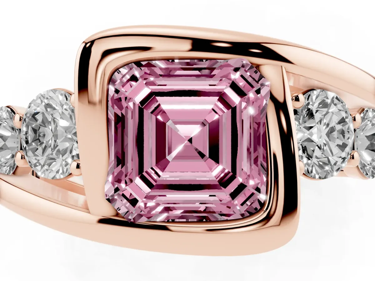 Fancy Pink Bezel Set Asscher Cut Diamond Bypass Ring with Round Accents Rose gold