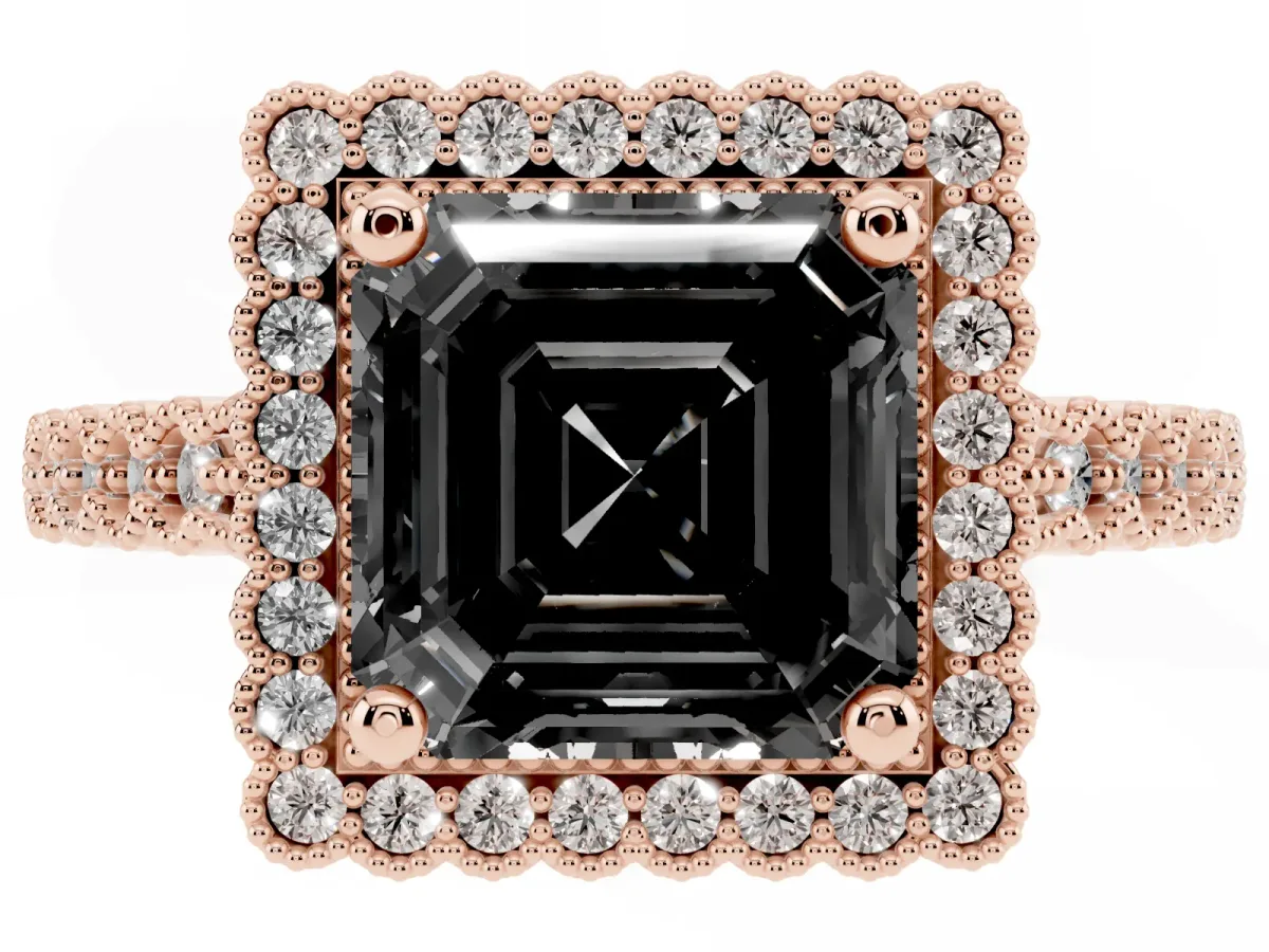 Fancy Black Asscher Cut Cut Halo Pavé Solitaire Ring with Milgrain Band Rose gold