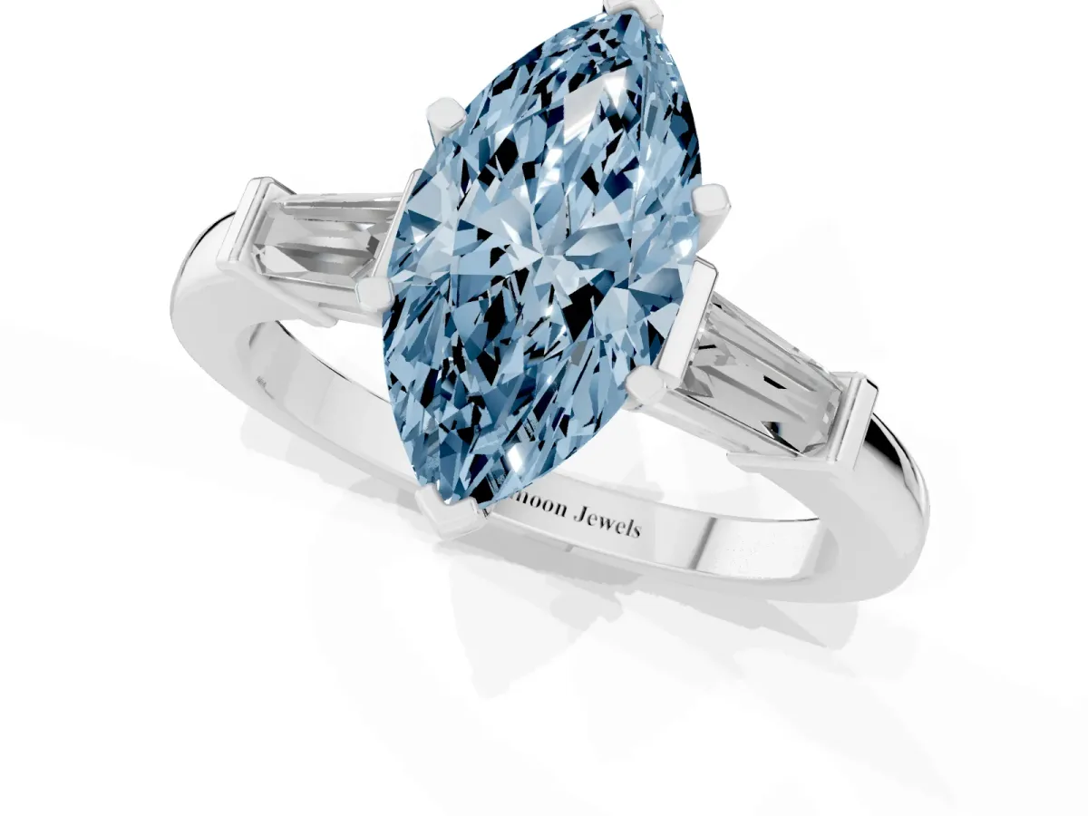 Fancy Blue Marquise Cut Cut Diamond Solitaire Ring with Tapered Baguette Accents and Four-Prong Setting Silver