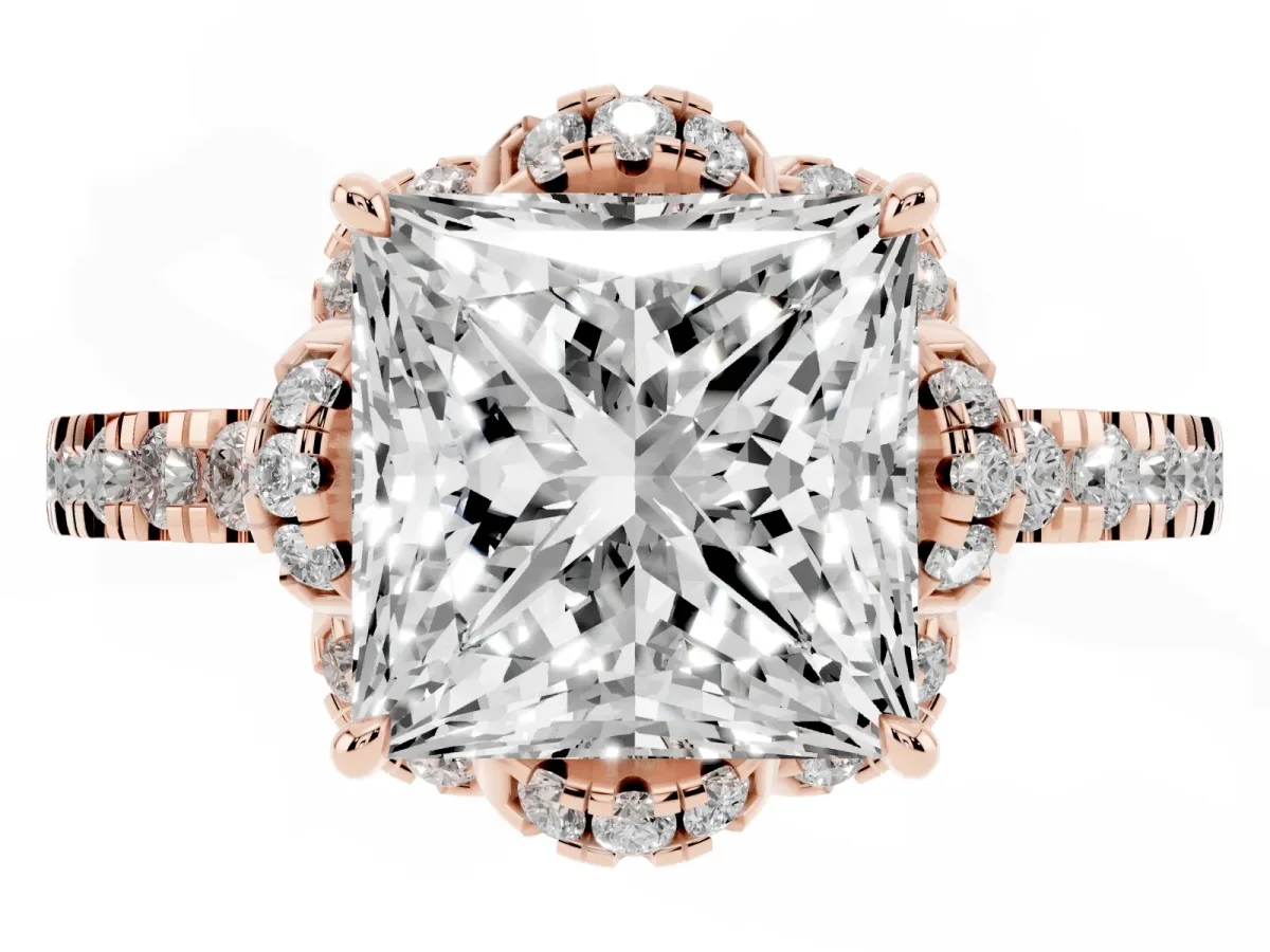 Princess Cut Halo Diamond Pave Band Ring with Four-Prong Setting Rose gold
