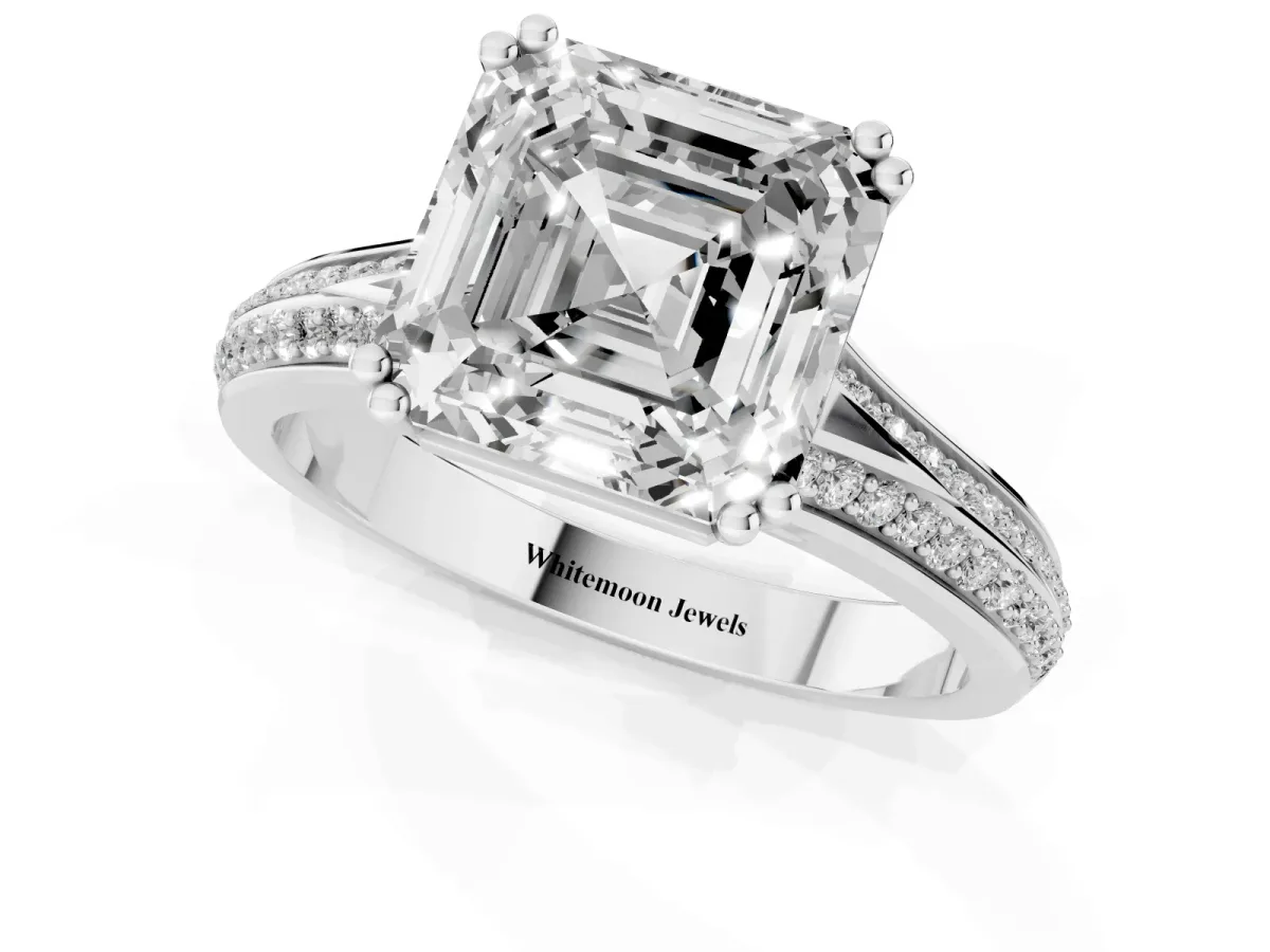 Asscher Cut Diamond Split Shank Engagement Ring with Pavé Band White gold