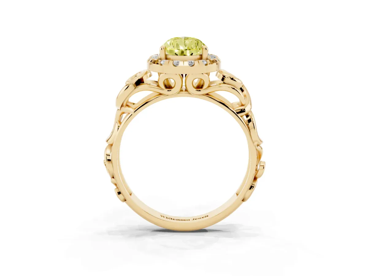 Fancy Yellow Pear Cut Cut Halo Diamond Ring with Scrollwork Band and Four-Prong Setting Yellow gold
