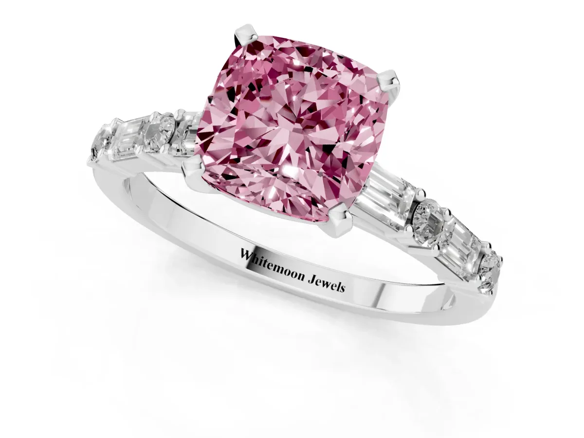 Fancy Pink Cushion Cut Diamond Solitaire with Side Baguettes and Channel Set Band Silver