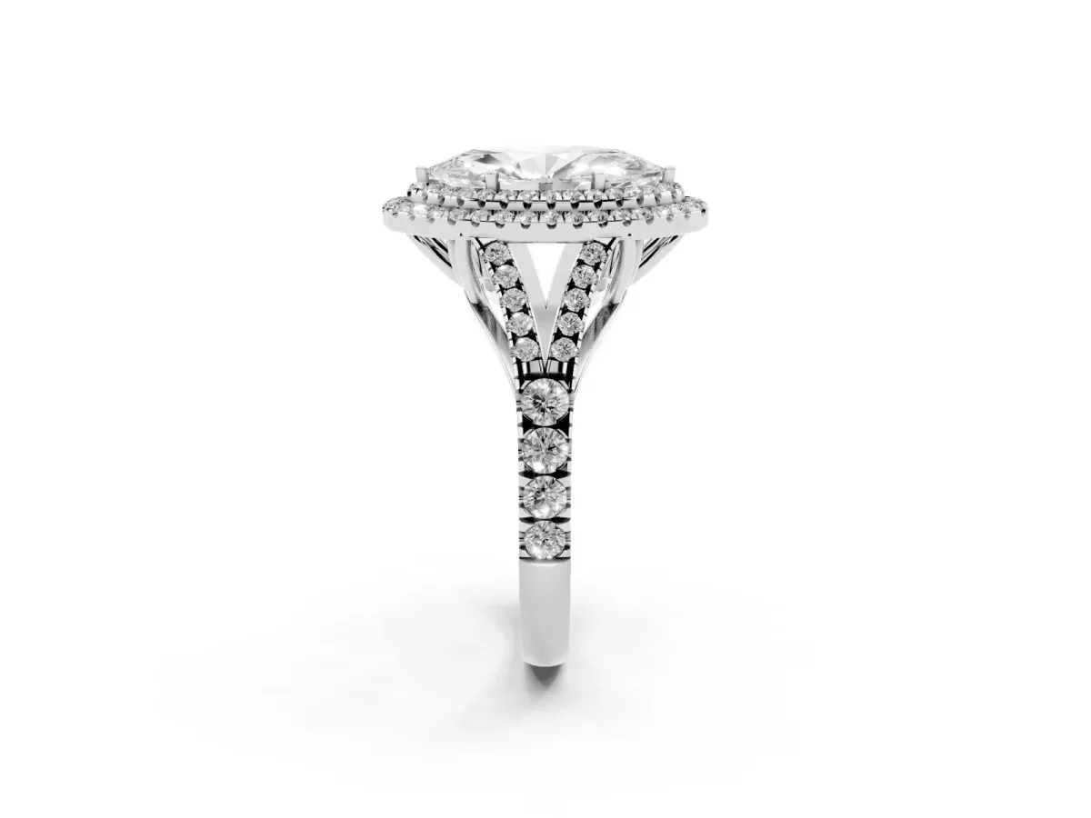 Marquise Cut Diamond Pavé Split Shank Double Halo Engagement Ring Silver