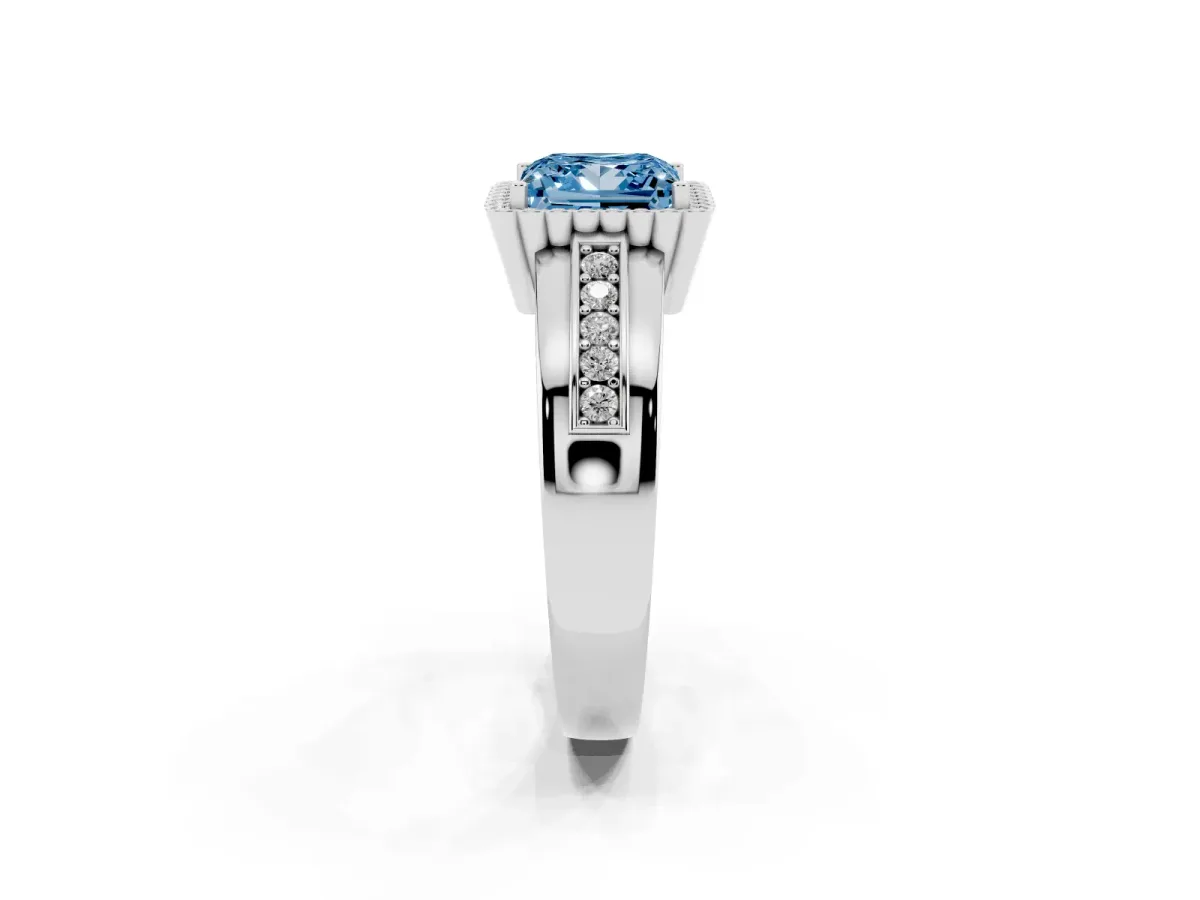 Fancy Blue Princess Cut Cut Halo Pave Band Four-Prong Ring White gold