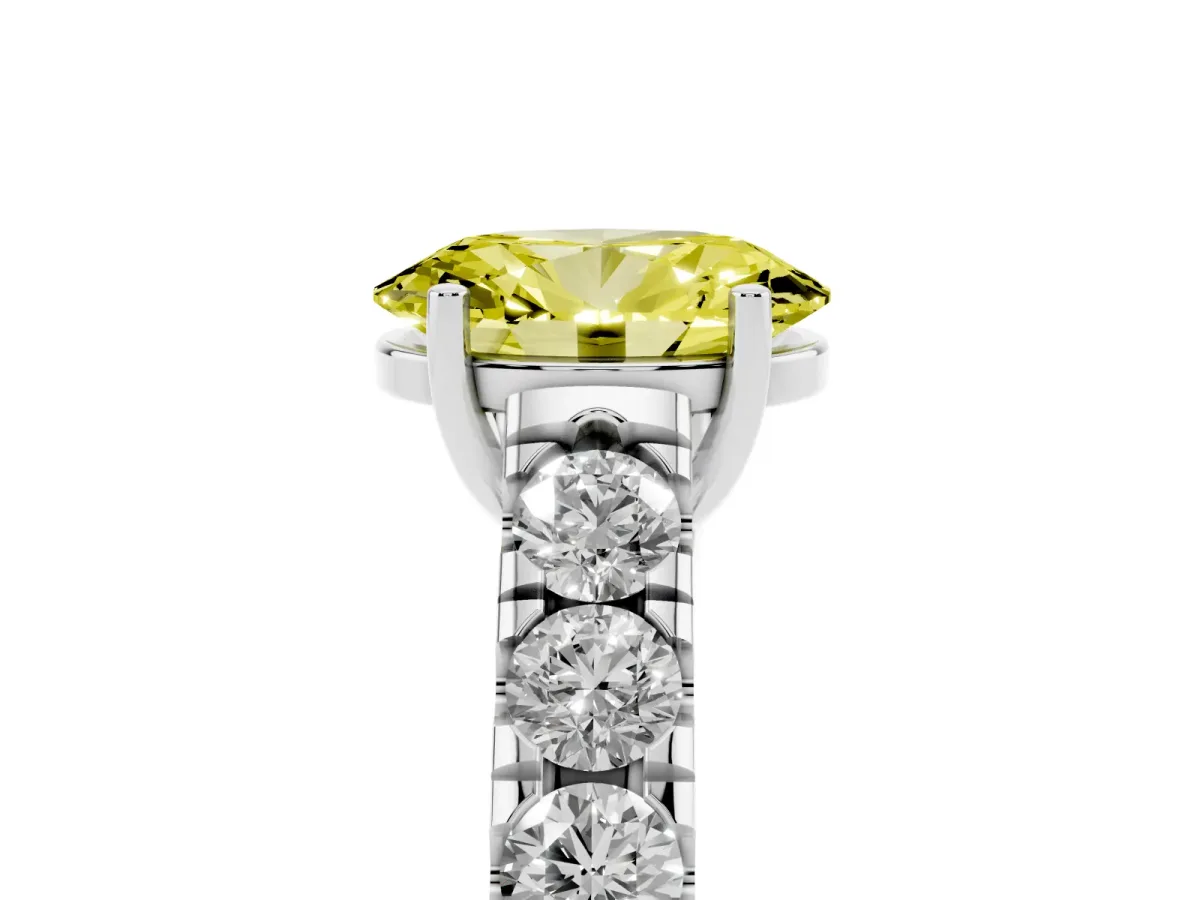 Fancy Yellow Oval Cut Cut Diamond Solitaire Ring with Micro Pave Band and Prong Setting Platinum