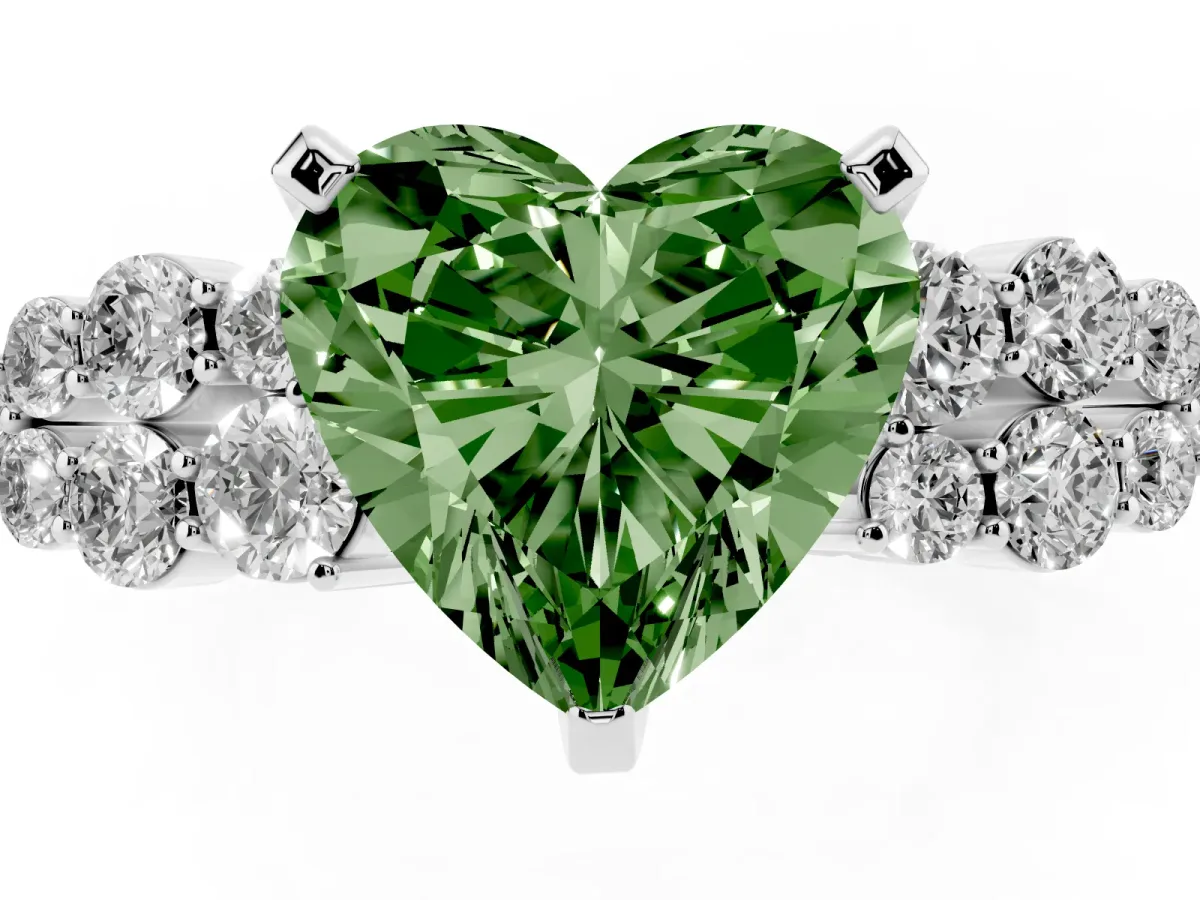 Fancy Green Heart Cut Cluster Diamond Engagement Ring with Pavé Band and Four-Prong Setting Silver