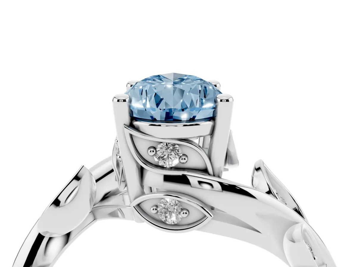 Fancy Blue Pear Cut Solitaire Twist Engagement Ring with Leaf Accents and Prong Setting Silver