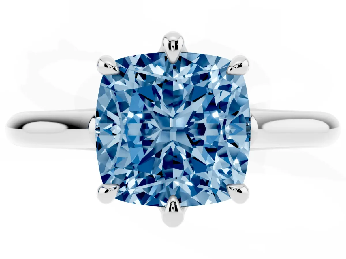 Fancy Blue Cushion Cut Solitaire Engagement Ring with Six-Prong Setting and Classic Band Platinum