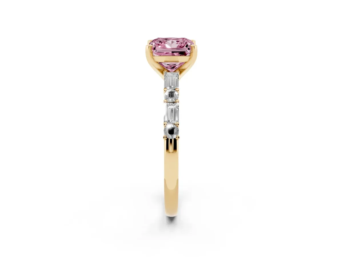 Fancy Pink Princess Cut Diamond Solitaire with Side Baguettes and Channel Set Band Yellow gold