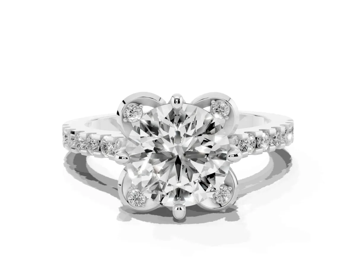 Round Cut Diamond Ring with Pavé Band and Floral Prong Setting Silver