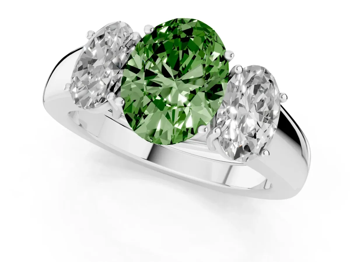 Fancy Green Three-Stone Oval Cut Cut Diamond Ring with Prong Setting and Classic Band Silver