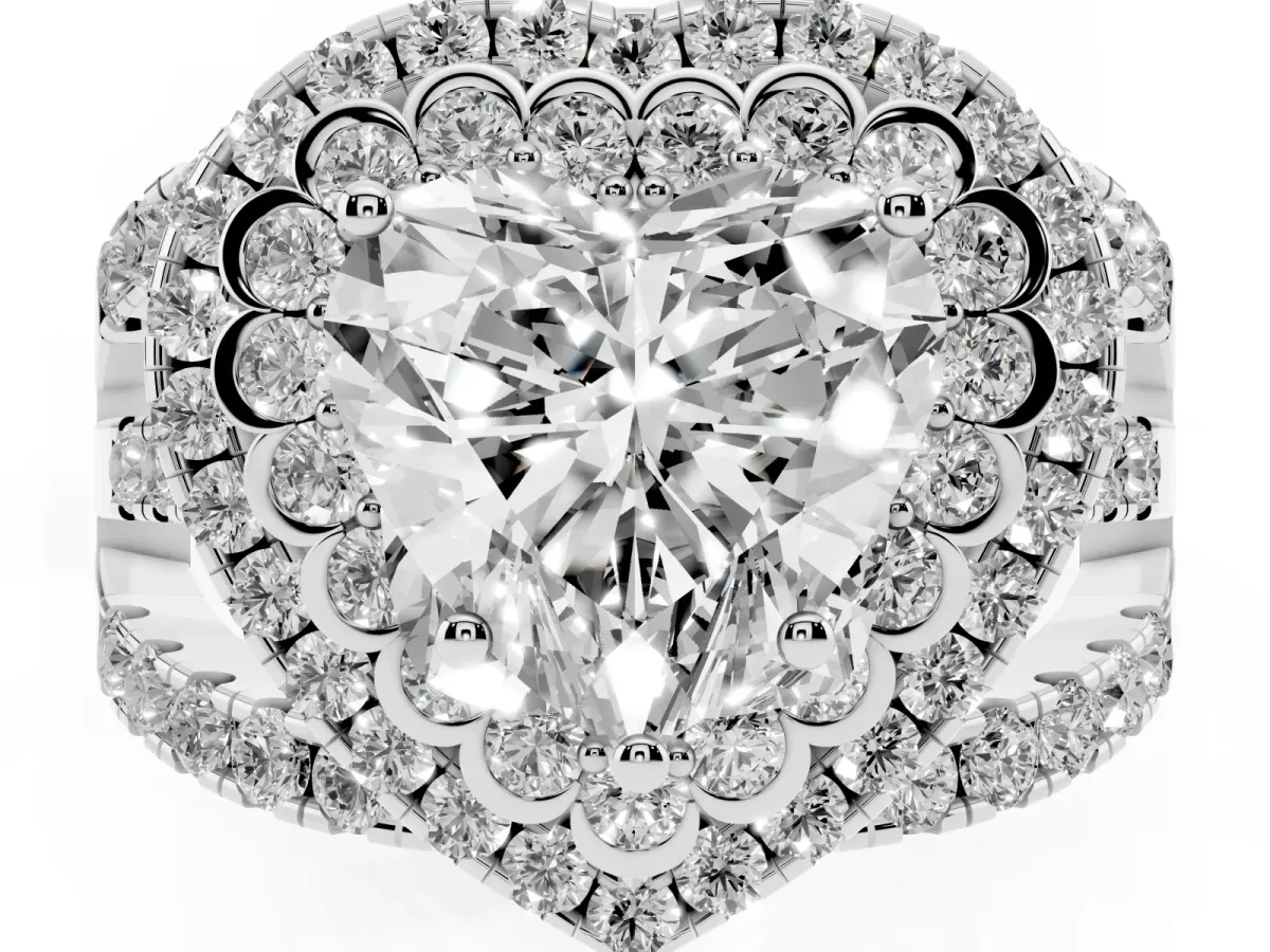 Heart Cut Diamond Double Halo Ring with Round Pavé Split Shank and Prong Setting Platinum