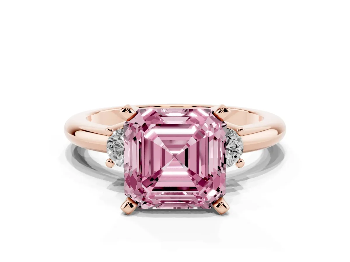Fancy Pink Three-Stone Asscher Cut Cut Diamond Solitaire with Prong Setting and Classic Band Rose gold