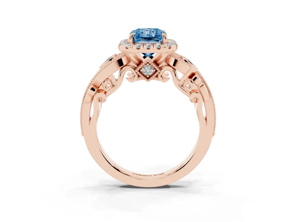 Fancy Blue Radiant Cut Diamond Halo Ring with Milgrain Pavé Band and Four-Prong Setting Rose gold
