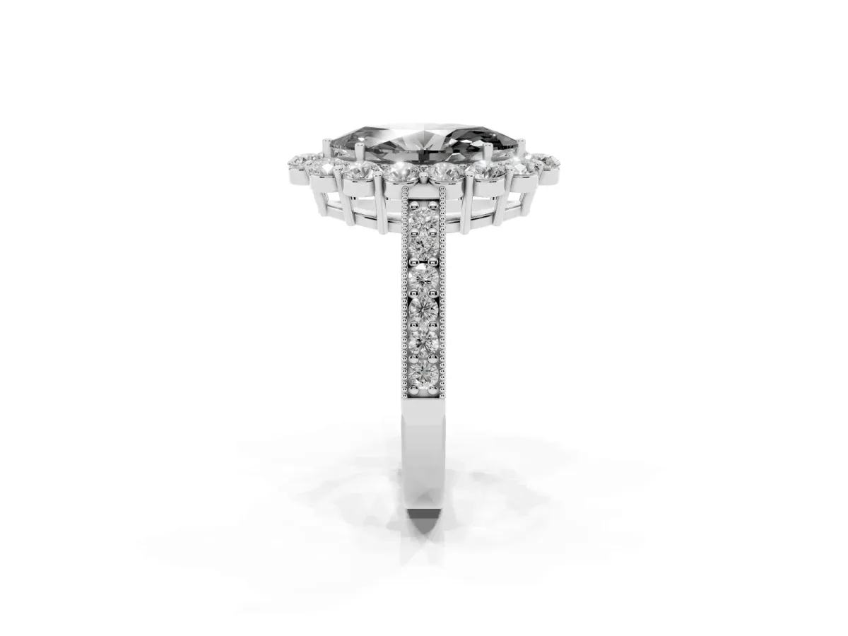 Fancy Black Marquise Cut Cut Halo Diamond Pavé Engagement Ring with Milgrain Detailing Silver