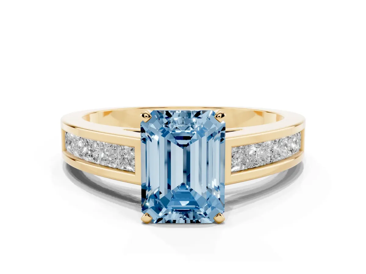 Fancy Blue Emerald Cut Solitaire Diamond Ring with Channel-Set Band and Four-Prong Setting Yellow gold