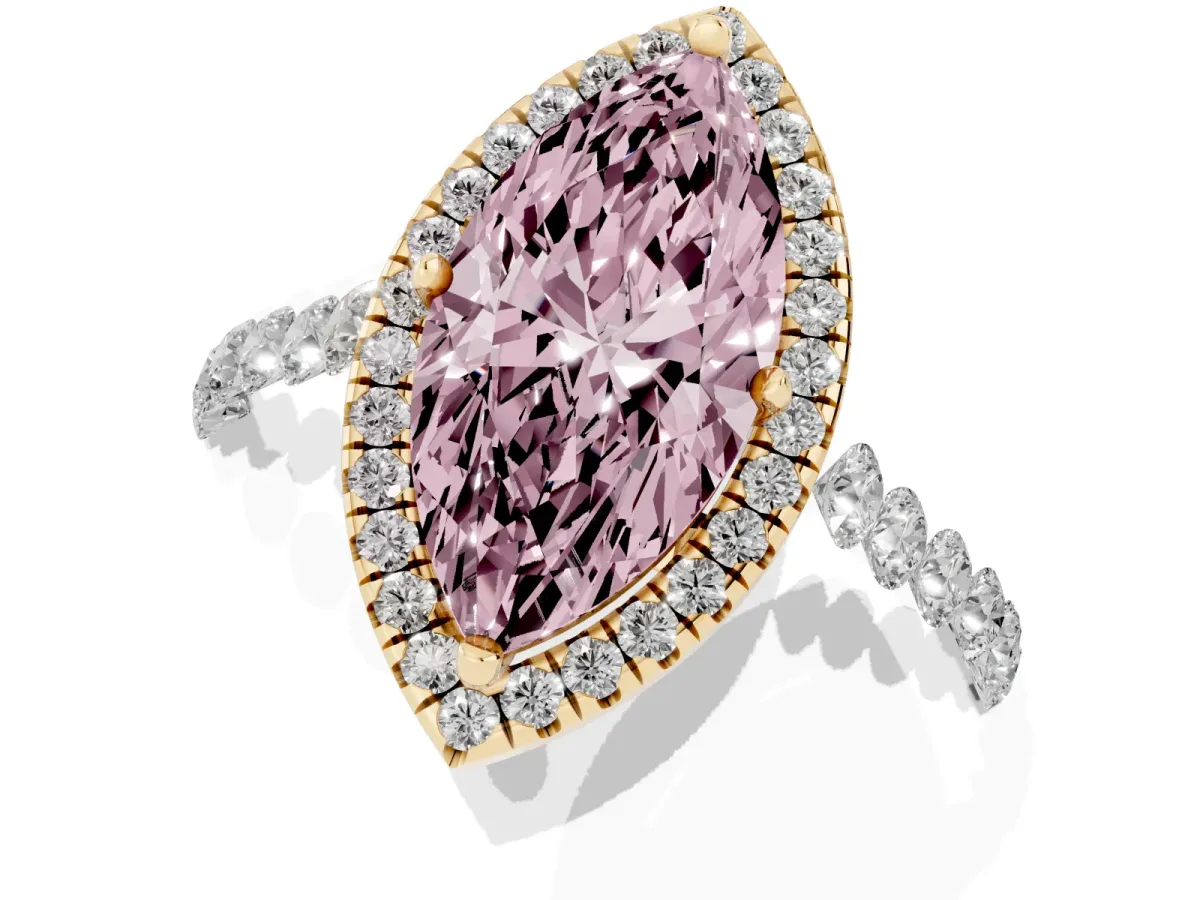 Fancy Pink Marquise Cut Halo Pavé Diamond Engagement Ring with Four-Prong Setting Yellow gold