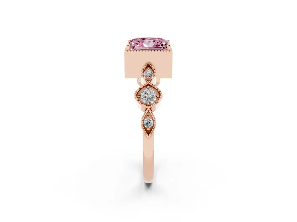 Fancy Pink Princess Cut Diamond Vintage Milgrain Ring with Round Stations Rose gold