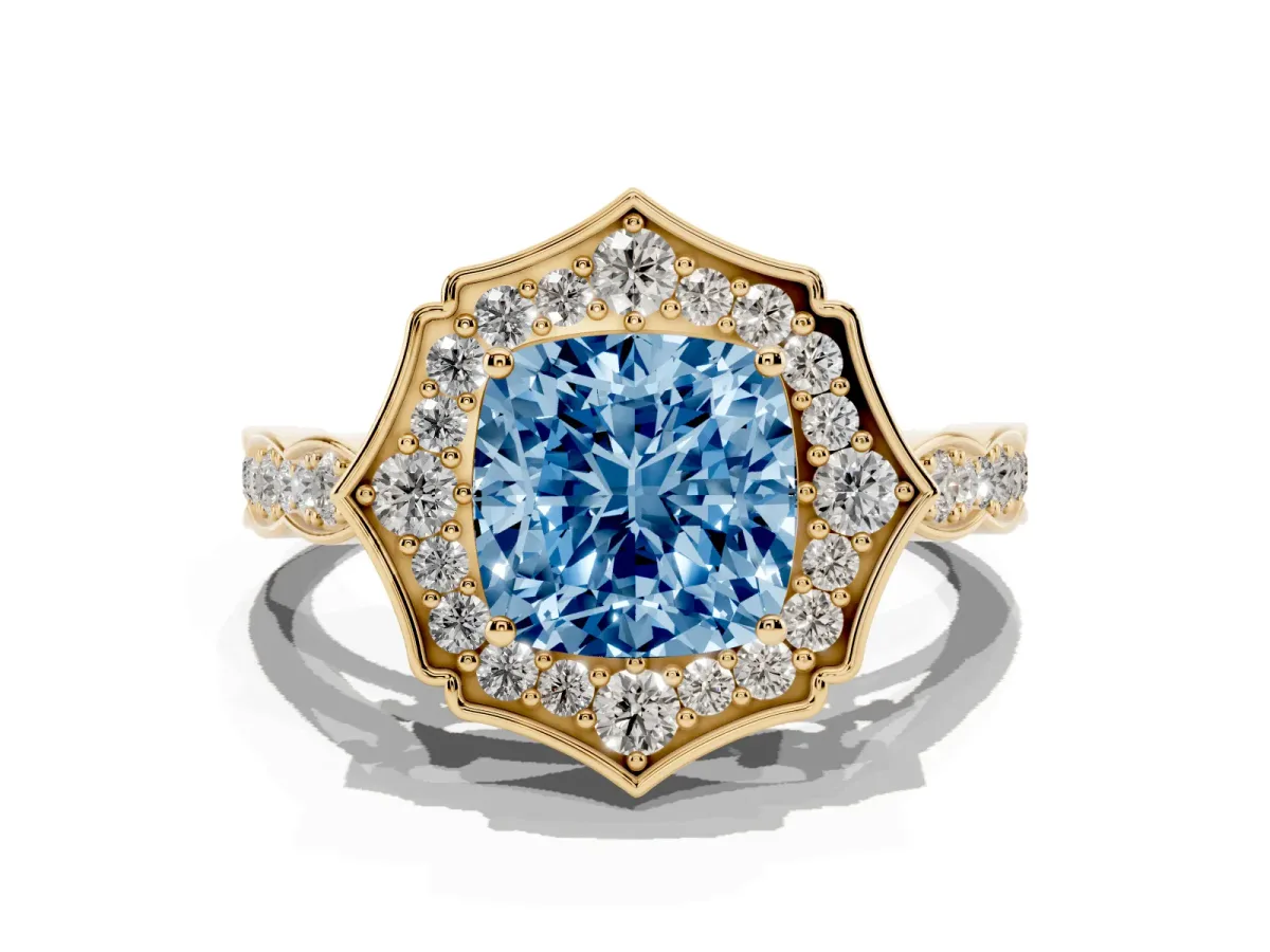 Fancy Blue Cushion Cut Halo Diamond Engagement Ring with Milgrain Band and Four-Prong Setting Yellow gold