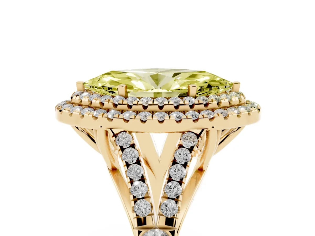 Fancy Yellow Marquise Cut Cut Double Halo Split Shank Diamond Ring with Prong Setting Yellow gold