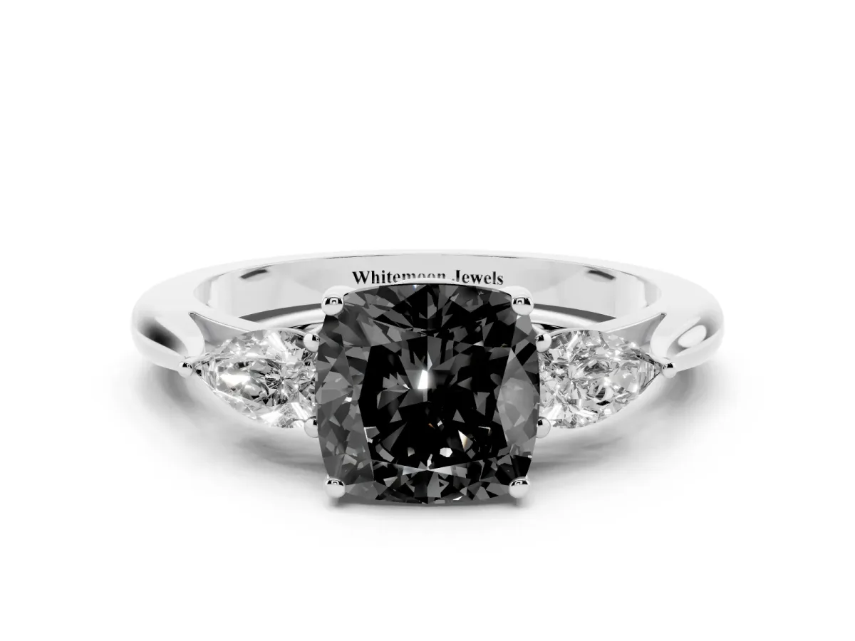 Fancy Black Cushion Cut Diamond Three-Stone Ring with Pear Side Stones and Prong Setting Silver