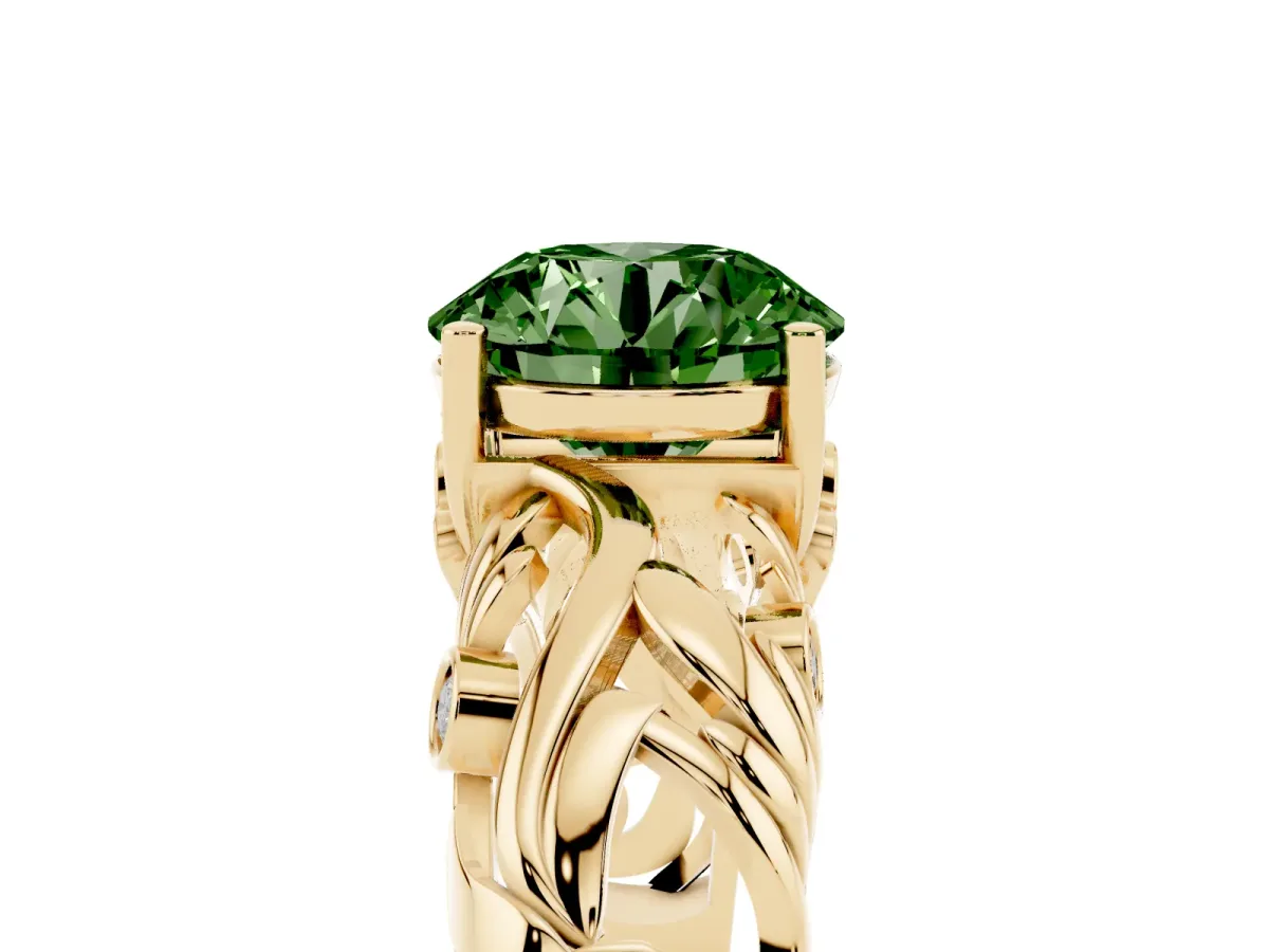 Fancy Green Round Cut Solitaire Diamond Leaf-Inspired Vine Band Ring with Prong Setting Yellow gold